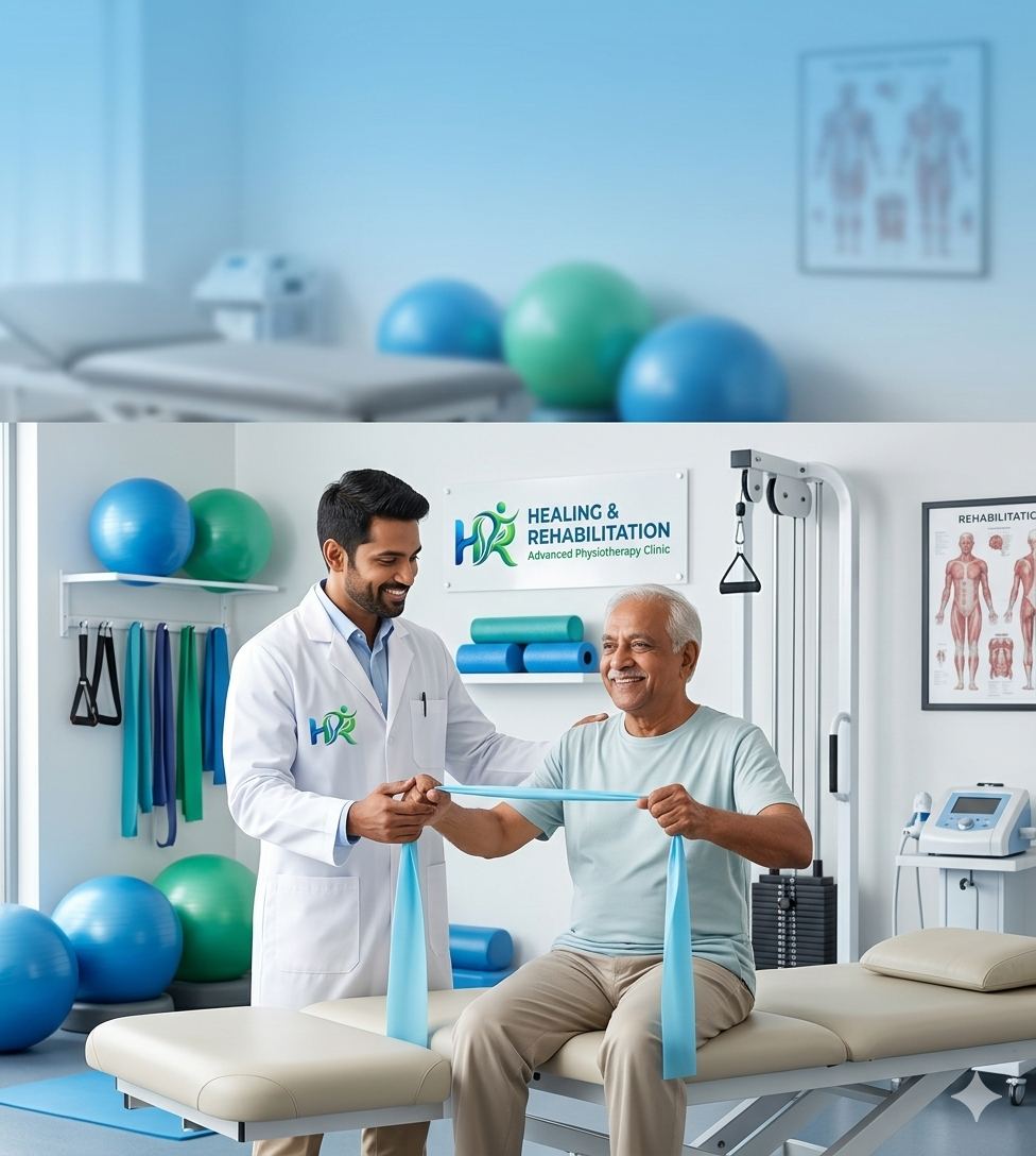 Senior physiotherapist demonstrating posture correction for neck pain patients in New Delhi